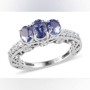 Peacock Tanzanite White Zircon 3 Stone Ring in Platinum Over Sterling Silver